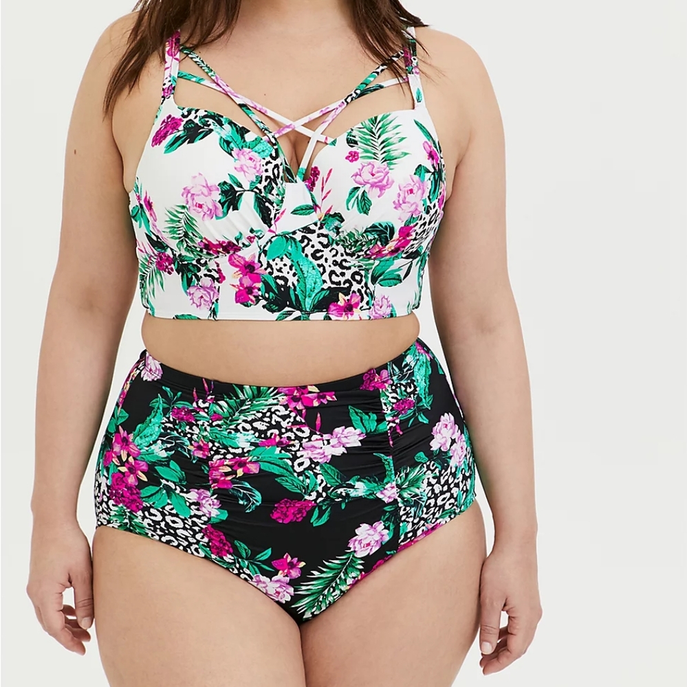 BLACK TROPICAL LEOPARD HIGH WAIST RUCHED SWIM BOTTOM